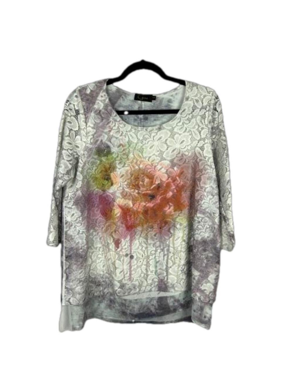 Goa Floral Lace Ombre Tie Dye 3/4 Sleeve Round Neck Top Medium White Grey